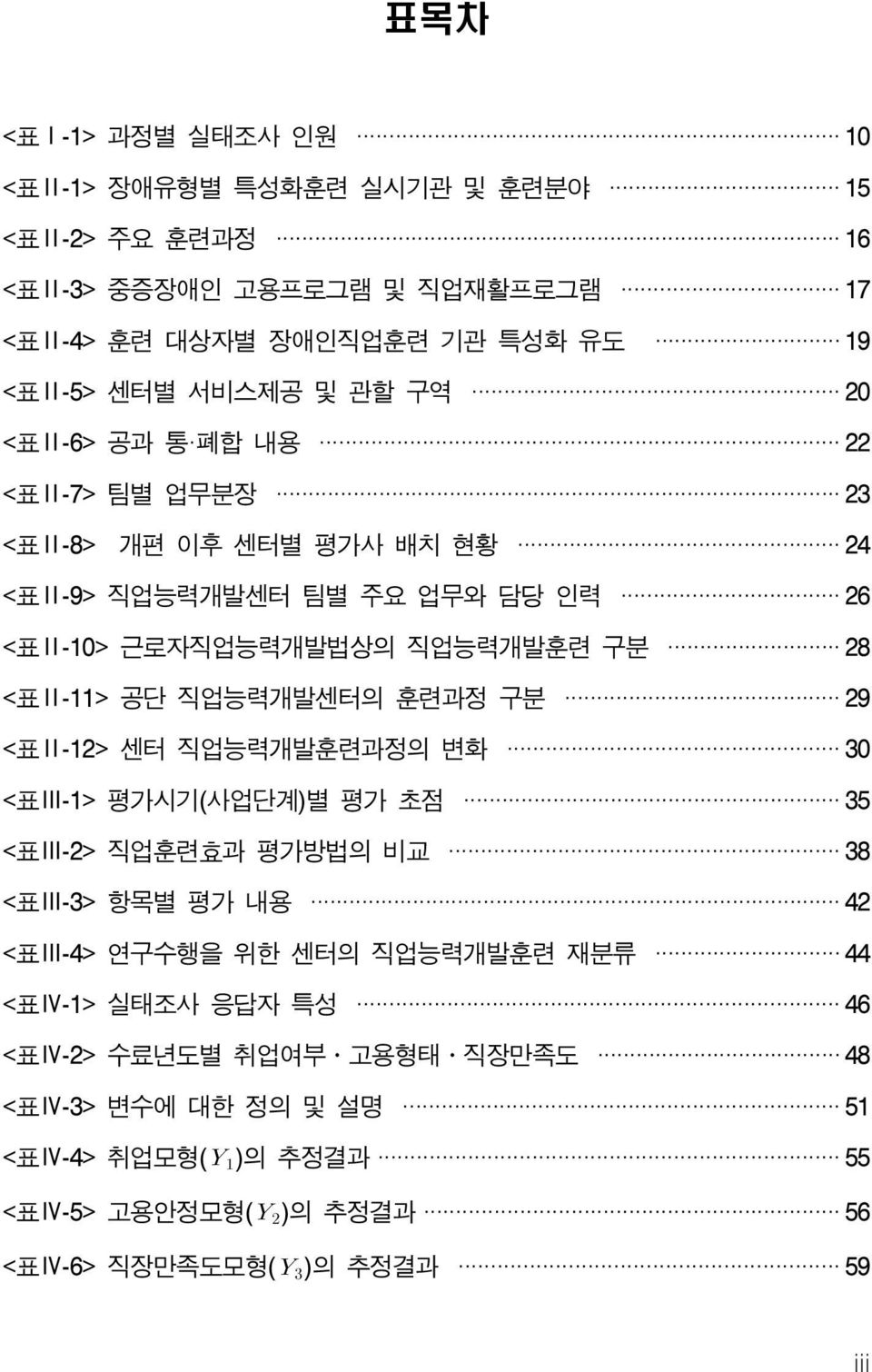 <표Ⅱ-11> 공단 직업능력개발센터의 훈련과정 구분 29 <표Ⅱ-12> 센터 직업능력개발훈련과정의 변화 30 <표Ⅲ-1> 평가시기(사업단계)별 평가 초점 35 <표Ⅲ-2> 직업훈련효과 평가방법의 비교 38 <표Ⅲ-3> 항목별 평가 내용 42 <표Ⅲ-4> 연구수행을 위한 센터의