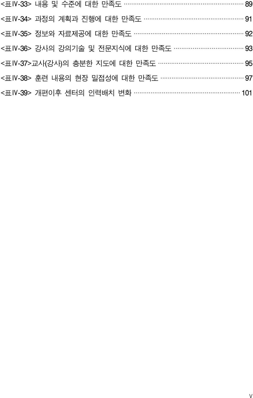 전문지식에 대한 만족도 93 <표Ⅳ-37>교사(강사)의 충분한 지도에 대한 만족도 95