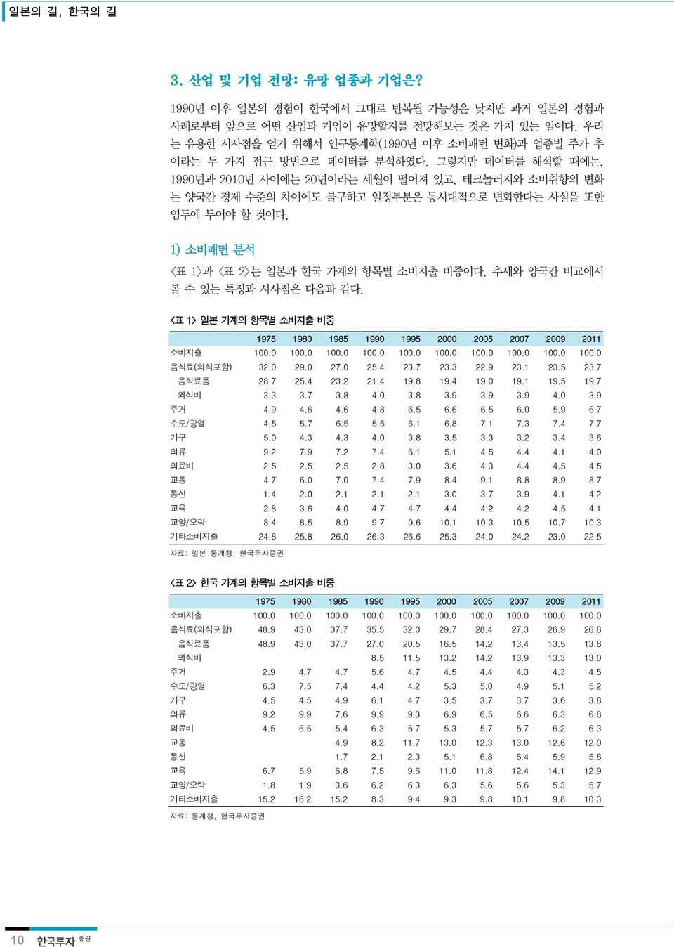 그렇지만 데이터를 해석할 때에는, 199년과 21년 사이에는 2년이라는 세월이 떨어져 있고, 테크놀러지와 소비취향의 변화 는 양국간 경제 수준의 차이에도 불구하고 일정부분은 동시대적으로 변화한다는 사실을 또한 염두에 두어야 할 것이다. 1) 소비패턴 분석 <표 1>과 <표 2>는 일본과 한국 가계의 항목별 소비지출 비중이다.