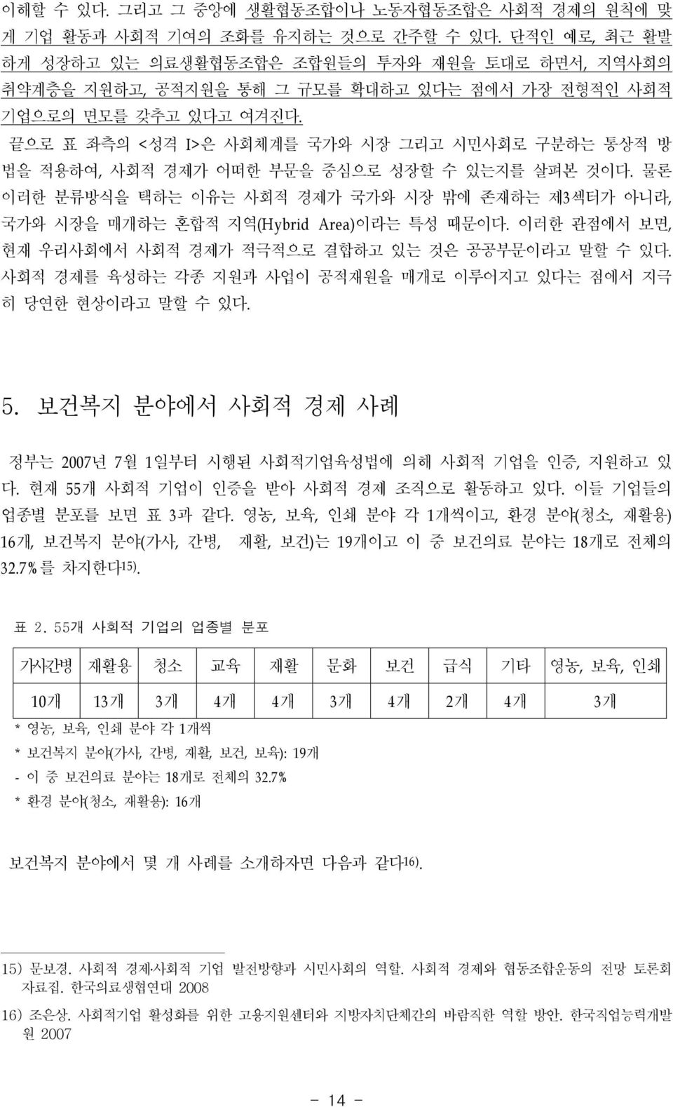 끝으로 표 좌측의 < 성격 I> 은 사회체계를 국가와 시장 그리고 시민사회로 구분하는 통상적 방 법을 적용하여, 사회적 경제가 어떠한 부문을 중심으로 성장할 수 있는지를 살펴본 것이다.