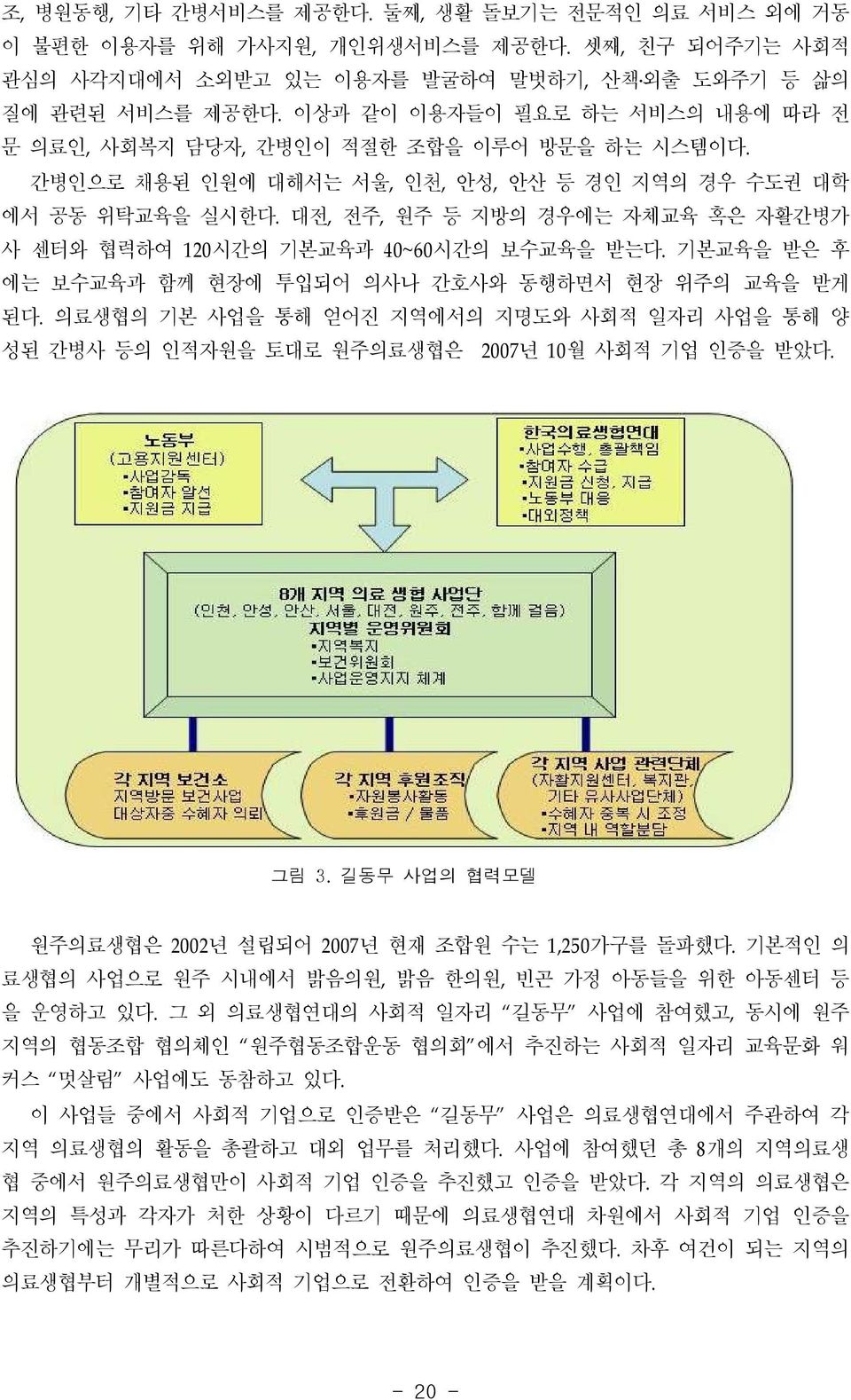 대전, 전주, 원주 등 지방의 경우에는 자체교육 혹은 자활간병가 사 센터와 협력하여 120시간의 기본교육과 40~60 시간의 보수교육을 받는다. 기본교육을 받은 후 에는 보수교육과 함께 현장에 투입되어 의사나 간호사와 동행하면서 현장 위주의 교육을 받게 된다.