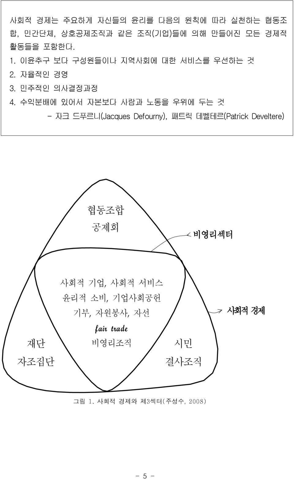 이윤추구 보다 구성원들이나 지역사회에 대한 서비스를 우선하는 것 자율적인 경영 민주적인 의사결정과정 수익분배에 있어서 자본보다 사람과 노동을 우위에 두는 것 - 자크 드푸르니