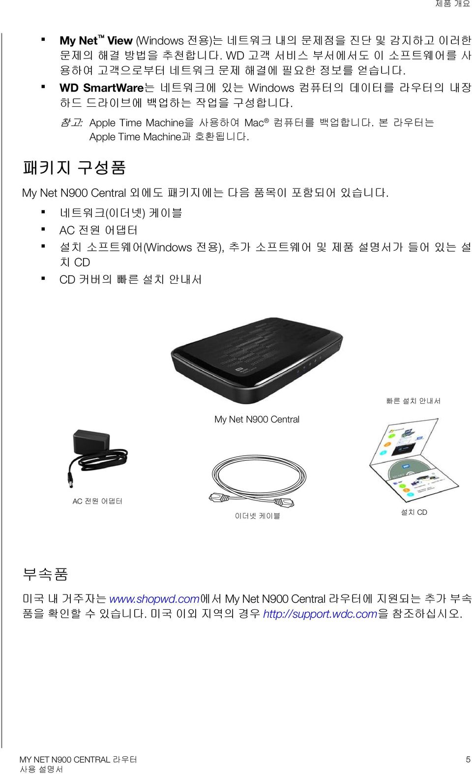 패키지 구성품 My Net N900 Central 외에도 패키지에는 다음 품목이 포함되어 있습니다.