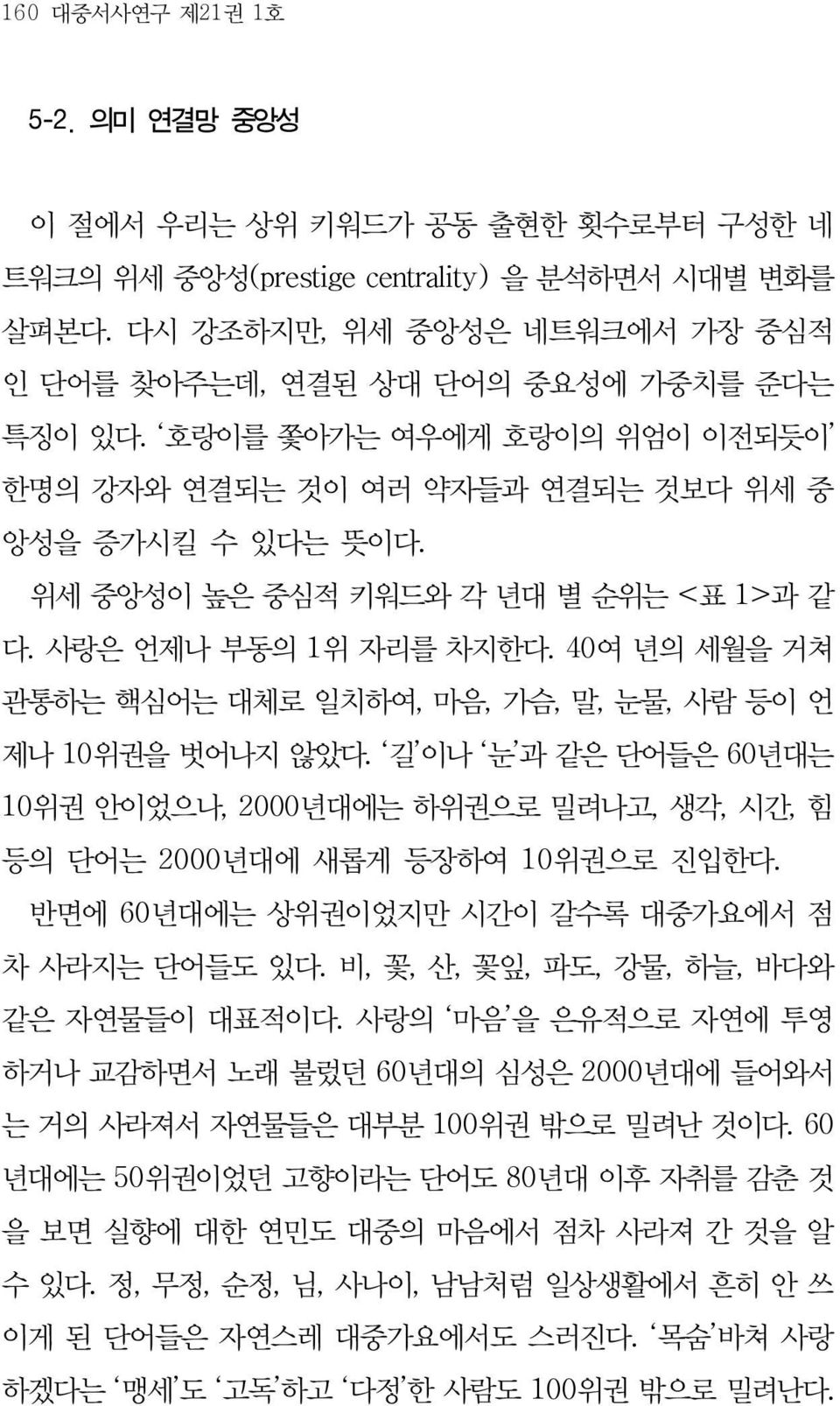 위세 중앙성이 높은 중심적 키워드와 각 년대 별 순위는 <표 1>과 같 다. 사랑은 언제나 부동의 1위 자리를 차지한다. 40여 년의 세월을 거쳐 관통하는 핵심어는 대체로 일치하여, 마음, 가슴, 말, 눈물, 사람 등이 언 제나 10위권을 벗어나지 않았다.