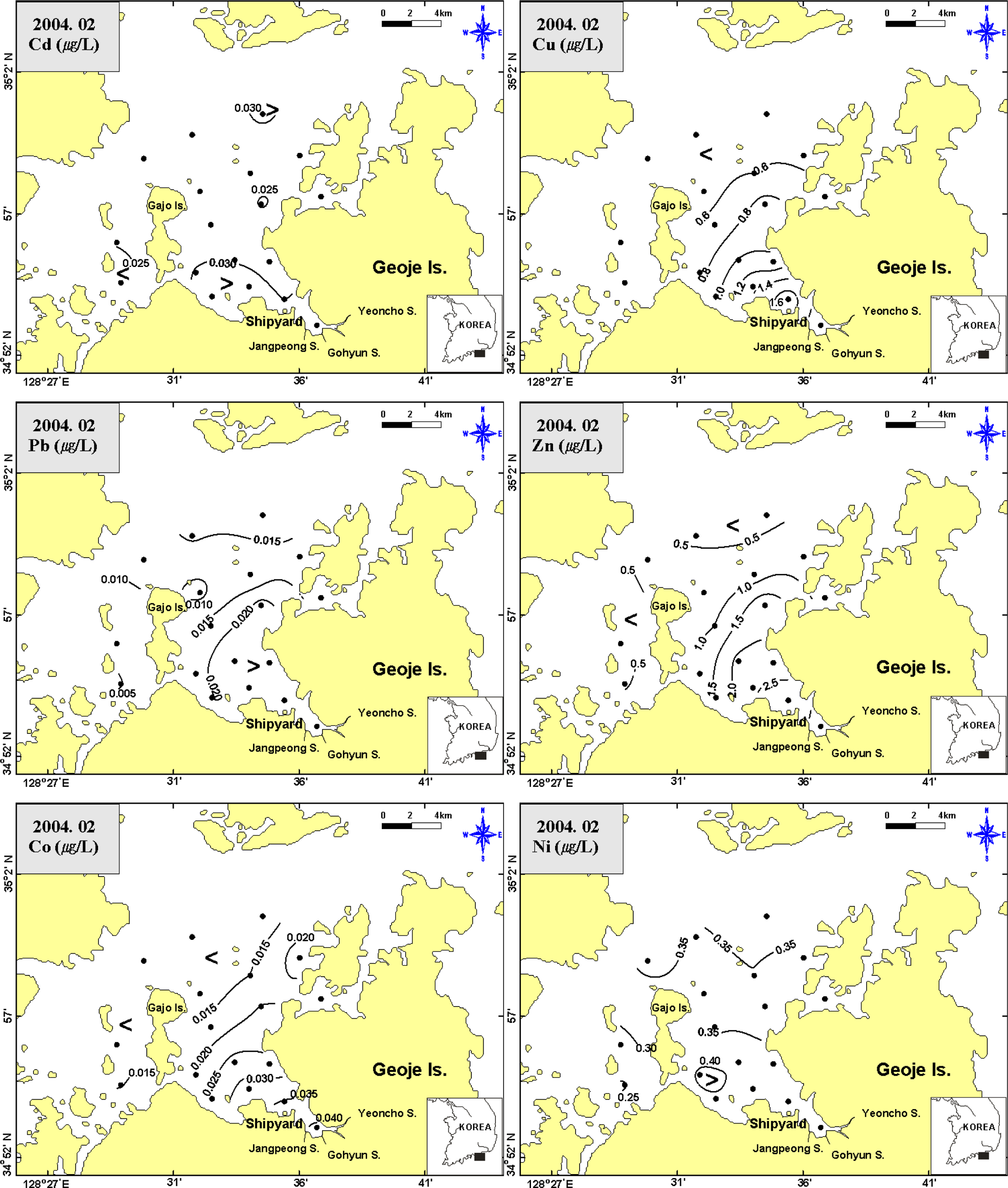 38 김경태 나공태 김종근 김은수 김종관 심원준 Fig. 2. Distribution of dissolved heavy metals in surface seawaters from Gohyun Bay (Feb. 2004). 조사 자료 중 대표적으로 2004년 2월과 8월의 농도분포를 나타내었 0.022~0.033 µg/l(평균 0.