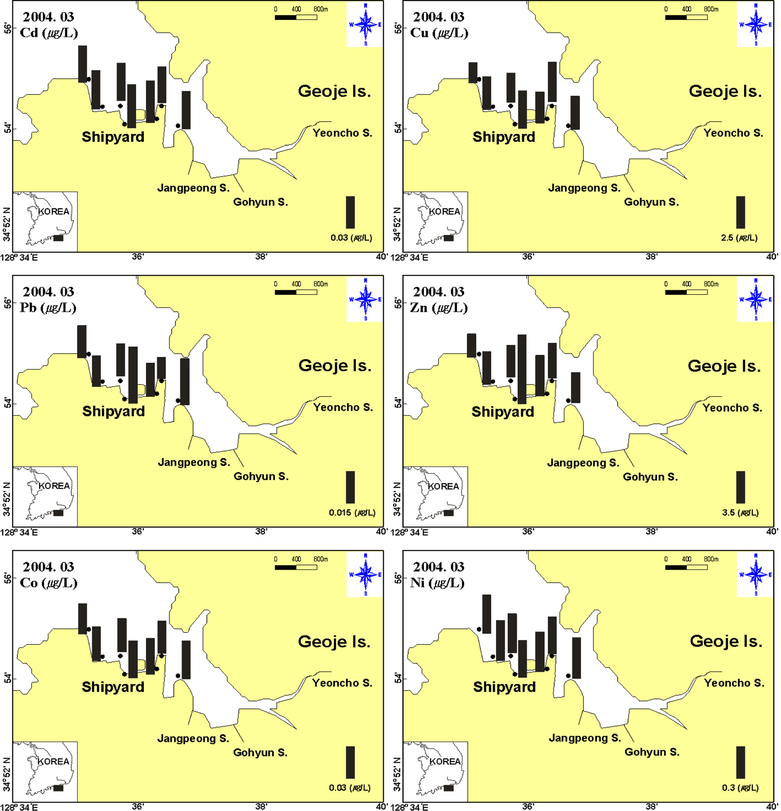 고현만의 조선소 주변 표층해수 중의 용존 중금속 농도 분포 41 Fig. 3. Distribution of dissolved heavy metals in surface seawaters around the shipyard. Fig. 4. Average concentration of dissolved heavy metal in surface seawaters from inner (St.