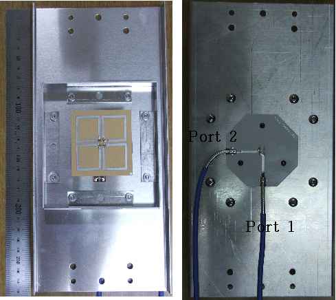 그림 12. & Fig. 12. Measured return loss & isolation. 그림 10. Fig. 10. Radiation patterns as presence of choke box.. 10, 2,345 MHz.. 안테나측정결과 11 (a) (a) Front side (b) (b) Rear side 그림 11. Fig. 11. Photography of the fabricated antenna.