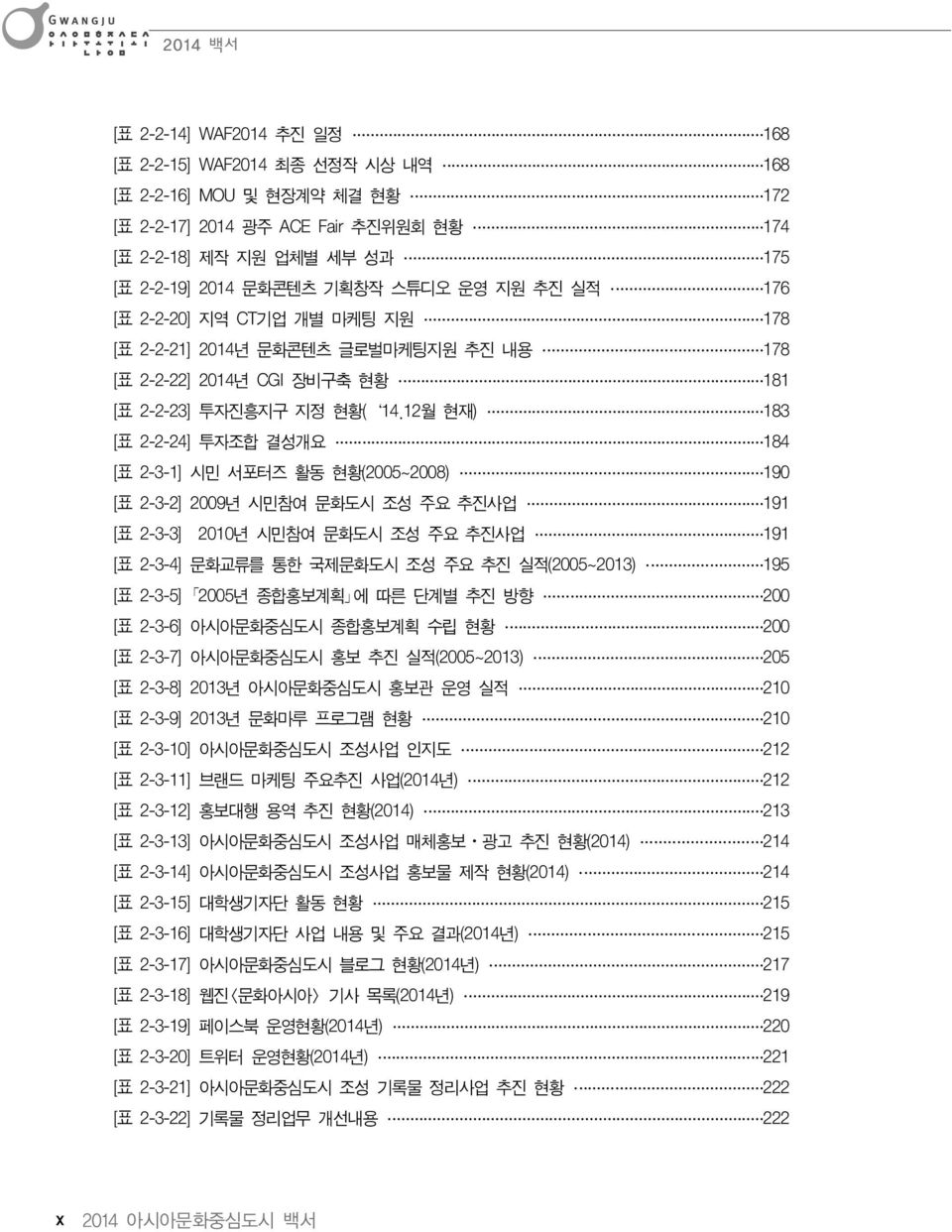 12월 현재) 183 [표 2-2-24] 투자조합 결성개요 184 [표 2-3-1] 시민 서포터즈 활동 현황(2005~2008) 190 [표 2-3-2] 2009년 시민참여 문화도시 조성 주요 추진사업 191 [표 2-3-3] 2010년 시민참여 문화도시 조성 주요 추진사업 191 [표 2-3-4] 문화교류를 통한 국제문화도시 조성 주요 추진