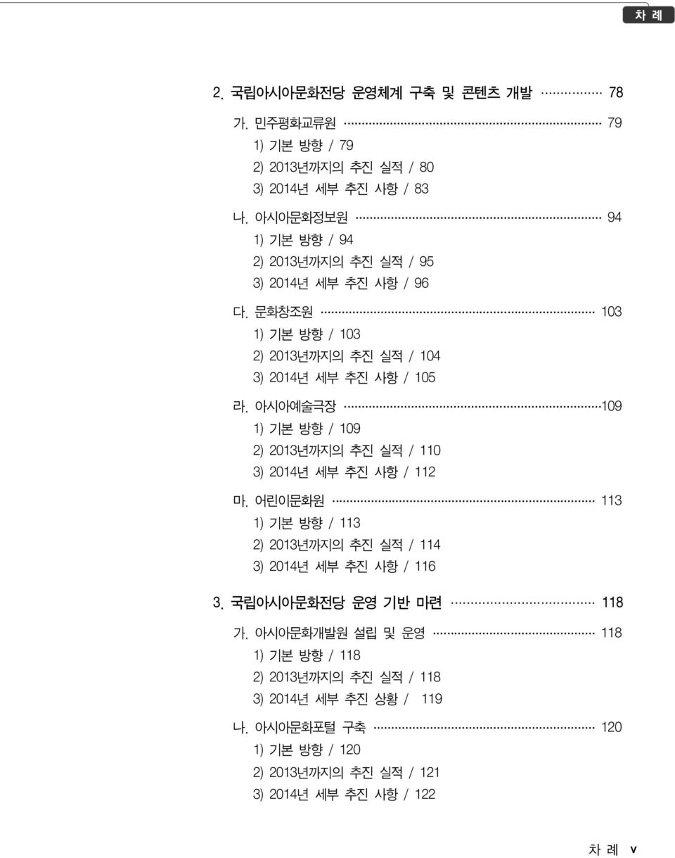 아시아예술극장 109 1) 기본 방향 / 109 2) 2013년까지의 추진 실적 / 110 3) 2014년 세부 추진 사항 / 112 마. 어린이문화원 113 1) 기본 방향 / 113 2) 2013년까지의 추진 실적 / 114 3) 2014년 세부 추진 사항 / 116 3.