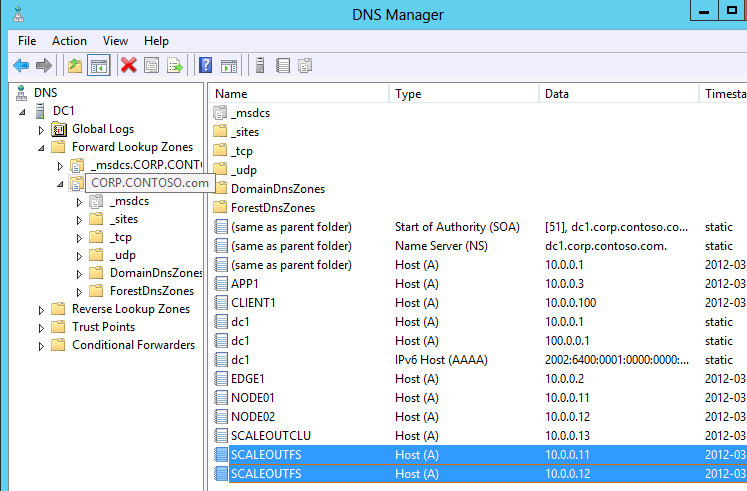 또한, 위과정이완료된후, Active Directory DNS 에는아래와같이 SCALEOUTFS 에대한호스트 레코드가총 2 개가등록되는데, 이 IP 는각기 NODE01 (10.0.0.11) 과 NODE02 (10.0.0.12) 의임을 확인합니다.