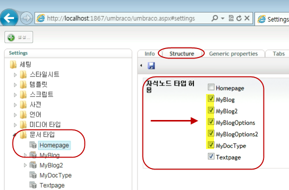 4. [Settings]-[ 문서타입 ]-[Homepage] 를클릭후 [Structure] 탭으로이동핚다.