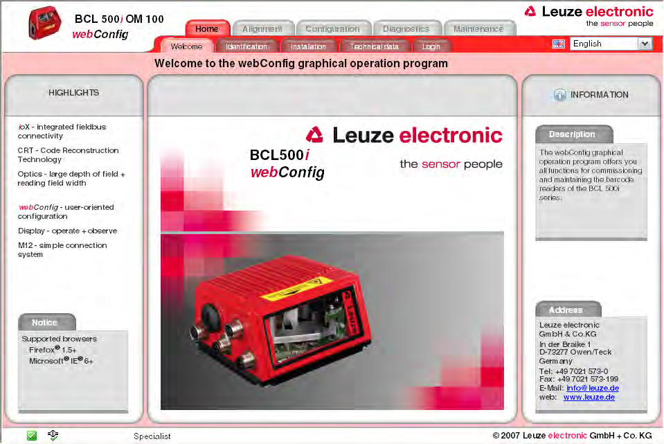 Leuze webconfig 도구 그림 9.2: webconfig 도구의시작페이지 알림! webconfig 도구는 BCL 500i \ BCL 501i 의펌웨어에포함되어있습니다. 펌웨어버전에따라, 시작페이지는위에서보여준것과다를수있습니다.