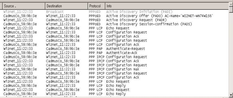 4 Demonstration 다음은 MACRAW 모드에서구현된 PPPoE Protocol과 W7100A를이용하여 NAS로부터 IP address를할당받기까지의과정을보인다. NAS는 Windows Server 2000을이용하였으며, 인증프로토콜은 PAP를사용하였고 192.168.200.42부터의 IP address를 IP pool로설정하여할당하도록구성하였다.