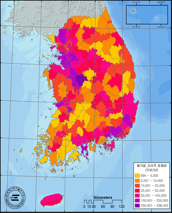 Energy potential map for domestic combustible waste 기물 분류 및 종류별 지리적 잠재량 산출방식을