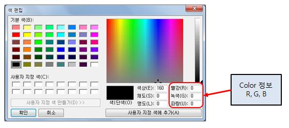 원하는 color 값을알고자할경우 Microsoft Windows의그림판을이용해서간단하게 color table 정보를알수있다. 그림판응용프로그램을실행하고 색편집 메뉴를클릭하면다음의창이뜬다. 우측하단에빨강, 녹색, 파랑이라고명시된부분은색을지정하면 10진수의값이나온다.