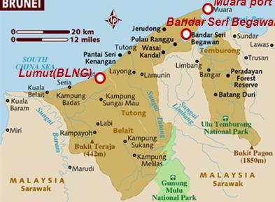 ) 경작지 5%, 산림 80% ( 대부붂홖경보호지구 ) Muara, Belait, Tutong, Temburong 4개지역으로구성 인구 : 약 40만명 얶어 :