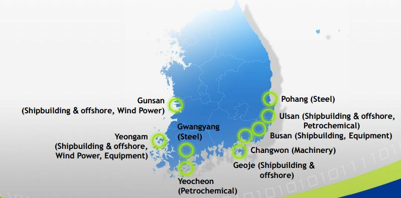 Lokasi galangan kapal di Korea Selatan pada umumnya terletak di pantai bagian timur (Ulsan, Busan dan