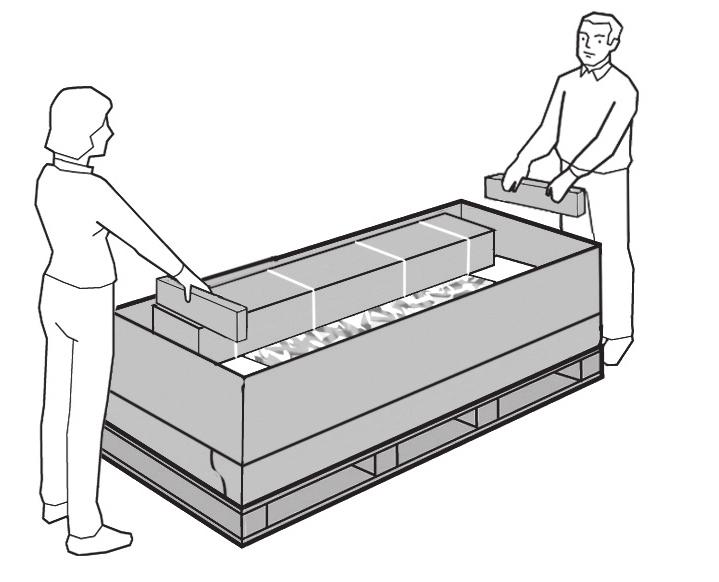 從印表機包裝箱中取出配件 印表機上會有印表機的文件和軟體 Remove the stand box, which is the largest one. To do so you may need two people, one at each end.