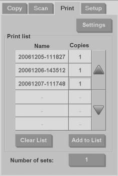 2. Press the Print tab. When you enter the Print dialog box, the Copy button changes to Basic Operations the Print button. The Print list shows the files currently selected for printing.