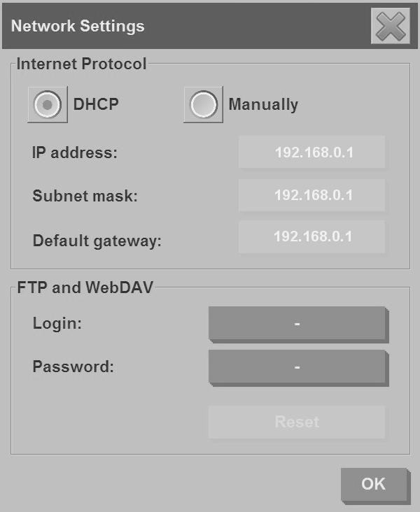 f. Press the Network Settings button. The Network Settings dialog box appears: Basic Operations g. Select the DHCP option if you know that your network has a DHCP server.