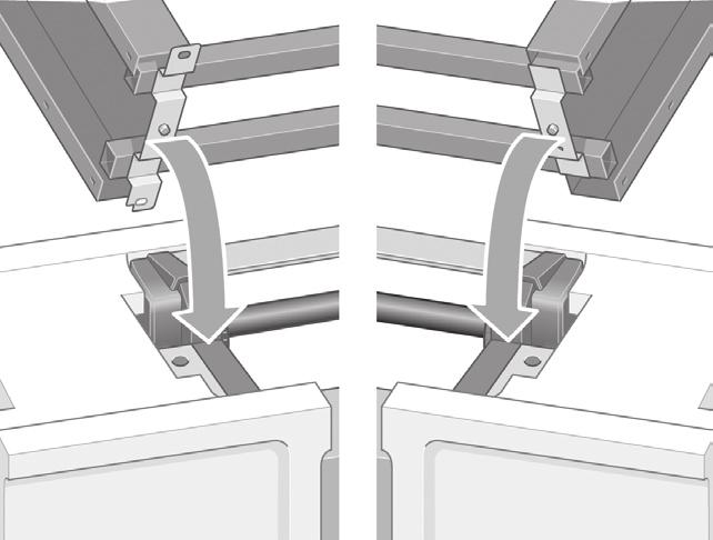 The anti-slip material should face to the rear of the printer. 將支架組件放到印表機機身上 綠色箭頭指示的位置處理此設備 應將防滑材料朝向印表機背面 스탠드조립품을프린터본체쪽으로들어올립니다. 미끄럼방지재가프린터후면을향하게해야합니다.