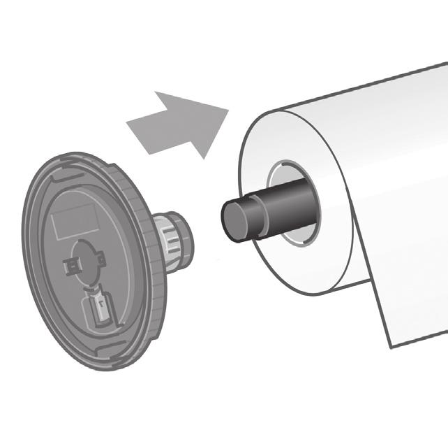 Pastikan orientasi kertas tepat seperti yang ditunjukkan. Push the black right-hand stop onto the roll. Make sure it is correctly seated.