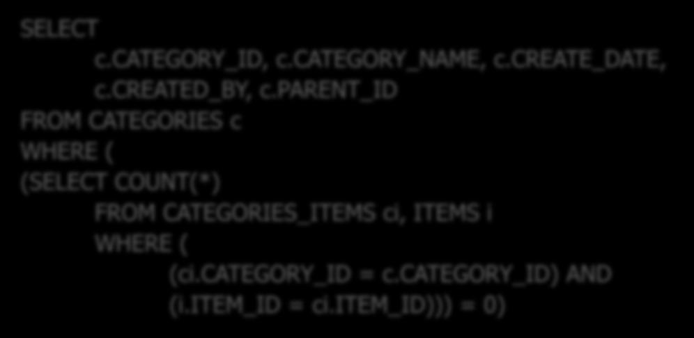조건식과연산자 (5/5) 컬렉션 컬렉션의 IS NOT NULL 체크가불가능하여, IS [NOT] EMPTY 를사용함 컬렉션 EMPTY 체크예, WHERE c.items IS EMPTY JPQL 에서의다음표현이, SELECT c FROM Category c WHERE c.items IS EMPTY SQL 의다음표현으로변환됨 SELECT c.