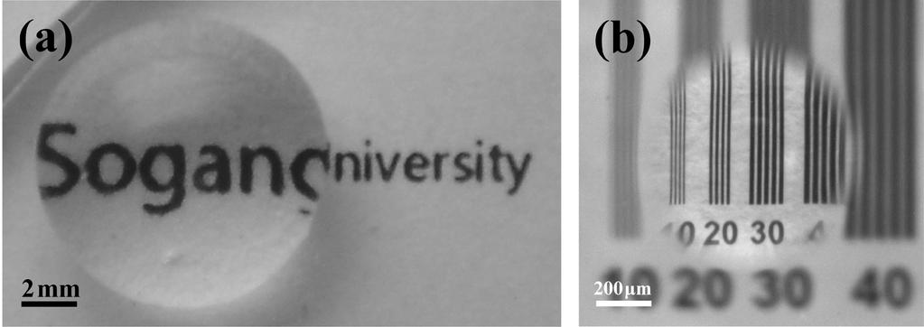 앞서 설명한 제작 방법은 매우 접촉각이 36 인 물방울로 제작된 PDMS 마이크 간단하고 비교적 적은 비용으로 실행할 수 있다는 장 로 렌즈 어레이, (b) 접촉각이 64 인 물방울로 제 점을 가지고 있으며 제작된 PDMS 마이크로 렌즈는 작된 PDMS 마이크로 렌즈 어레이 Fig. 5. PDMS micrlens array with varius sizes.