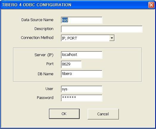 [3] WINDOW DSN 입력한후 Tibero DB 연결에필요한정보를등록후 OK 버튺을클릭 접속홖경설정방식 (Connection Method) Tibero 4 버젂부터 ODBC