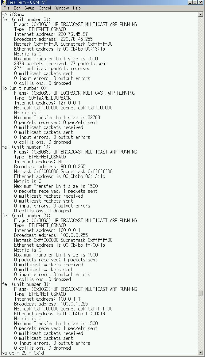 [ 그림 1] 과같이 booting 이완료된상태에서 EnetAttach 함수를이용하여 LKP Ethernet Port 의 IP 를등록한다. IP 설정시각 Port 당반드시다른 Network 로설정되어야하며, 사용예는다음과같다.