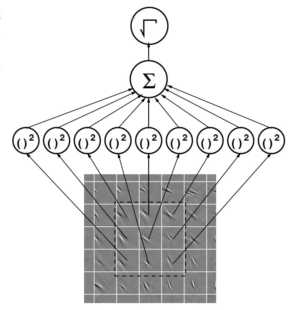 Figure 3-1: 기본적인 ISA 네트워크의구조 [16]. 격자구조안의연속된작은직사각형이미지들은각각입력이미지패치에대한선형필터들을나타낸다. 각각의선형필터에제곱비선형성 (square nonlinearity) 을적용한원형도식이 ISA 네트워크첫번째계층에서의단순유닛 (simple unit) 을나타낸다.