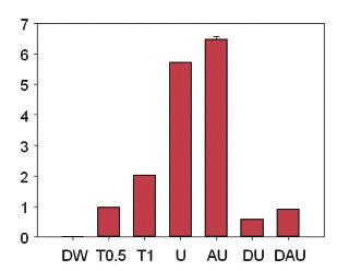Abbreviations: DW, control; T0.5, Toroxl 0.5 mm; T1, Toroxl 1 mm; U, urine; AU, aged urine; DU, dialysis urine; DAU, dialyzed after three days urine.