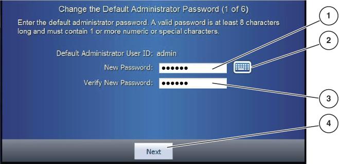 1/6 단계(기본 관리자 암호 변경) 그림 4.3. 기본 암호 변경 그림 범례: 1 - New Password 필드 2 - 키보드 버튼 3 - Verify New Password 필드 4 - Next 버튼 새 암호를 입력한 다음 확인을 위해 한 번 더 입력해야 합니다.
