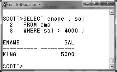 예제 3 Emp 테이블에서이름이 SCOTT 인사람의이름과사원번호, 급여를출력하세요.