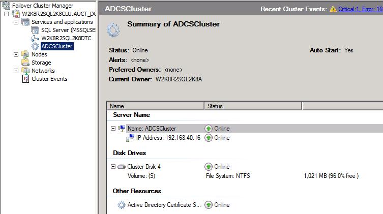 AD CS 서비스가클러스터서비스로성공적으로등록된후 Failover Cluster Manager 도구에서 아래와같이정상적으로보여짐을알수있다.