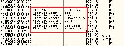 13) attach 후, 인터넷브라우저에서 mp4 를실행하기바로전, 즉 swf 를실행하는시점에서디버거의메모리맵을보면 Flash11e 이미지가올라와있는것을확인할수있다.