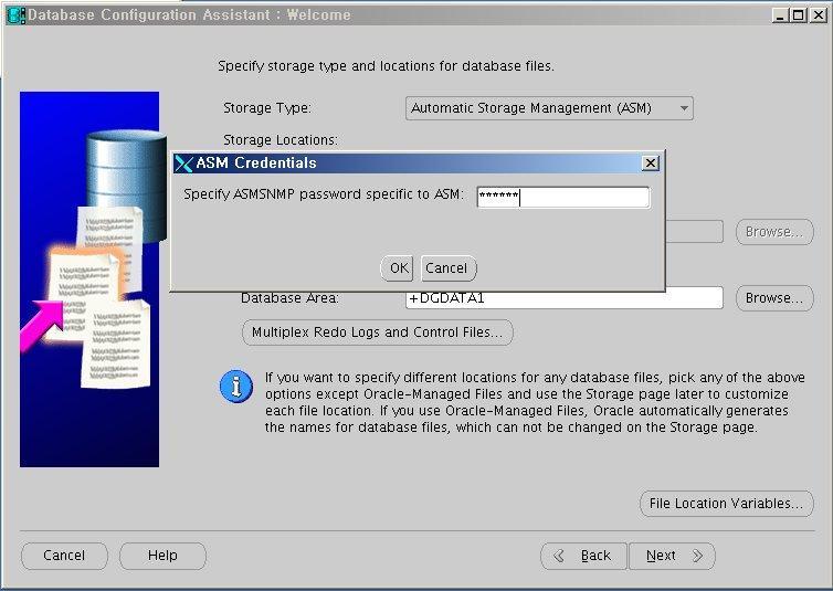 Oracle-Managed Files 선택 ㆍ Database Area : +DGDATA1