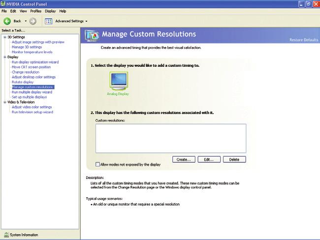 디스플레이회전 NVIDIA 회전기능에서바탕화면의방향을가로, 세로, 반전모드로변경할수있습니다. 이기능은실제디스플레이를회전한경우나디스플레이의방향과일치시키기위해바탕화면을회전시켜야할경우유용합니다. Manage Custom Resolutions ( 주 1) 고급사용자의경우, 너비, 높이, 비트색깊이, 리프레쉬속도에대한사용자지정타이밍모드를만들수있습니다.