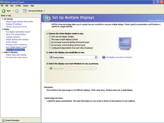 다중 디스플레이 설정 NVIDIA nview 기술에서는 컴퓨터에 연결된 디스플레이 (모니터) 를 최대한 활용하기 위해 여러 다중 디스플레이 모드 중 하나에서 바탕 화면을 볼