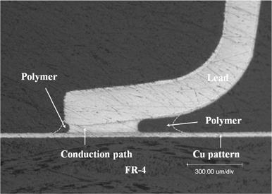 Lead와 Cu패턴이마주보는영역의외부에존재하는짙은회색의점들은인접필러들과융합은하였으나젖음에참여하지못하여패턴외부의폴리머상에존재하는 LMPA 필러들이다. 짙은회색으로나타나는필러가채워진영역은용융필러의융합및젖음특성과함께모세관현상 (Capillary force) 에의하여 lead 접합부의전면부에균일하게도포되어안정적인전도패스를형성한다.