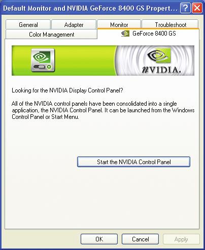 NVIDIA Control Panel (NVIDIA 제어판 ) Settings 에서 Advanced 버튼을누르면, Plug and Play Monitor and NVIDIA GeForce 8400 GS Properties 대화상자가표시됩니다. GeForce 8400 GS 탭을클릭합니다.