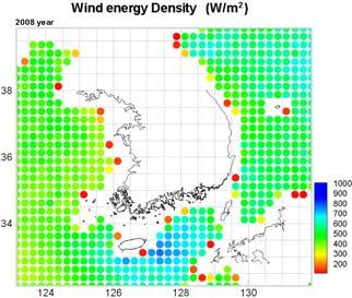 第 37 卷第 11 號, 2009. 11 QuilkSCAT 위성데이터를이용한한반도주변의해상풍력자원평가 1127 Fig. 4. Annual mean wind energy density Fig. 5. Variation of annual mean wind speed Fig. 5 와 Fig.
