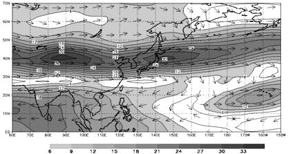 582 한반도주변의하계강수량의경년변동과이에연관된동아시아순환의특성 (a) strong 200hPa wind (m/s) (a) strong UV200 (m/s) (b) strong - weak 200hPa wind (m/s) (b) strong - weak U200 (m/s) Fig. 8. As in Fig.