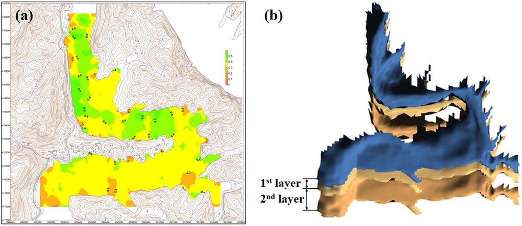 오경희 김용준 조영철 536 Fig. 2. Distribution of sediment at the Chusori area (a) and three dimensional model of sediment (b). 연구의 탐사지역에서 측정된 상층부와 하층부의 퇴적물은 모두 댐 축조 후 형성된 퇴적물인 것으로 판단된다. 퇴적물 시료의 강열감량은 평균 8.