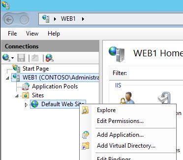 IIS 관리도구에서 CertEnroll 가상디렉터리생성 1. WEB1.CONTOSO.com 서버에도메인관리자계정 (CONTOSO\Administrator) 으로 로그인합니다. 2.