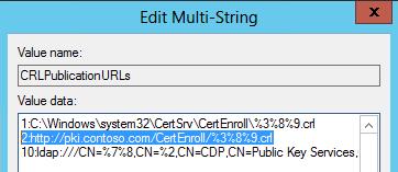 10. HKLM\System\CurrentControlSet\Services\CertSvc\Configuration\Contoso Root CA 레지스트리위치를선택한후, CRLPublicationURLs를 open 합니다.