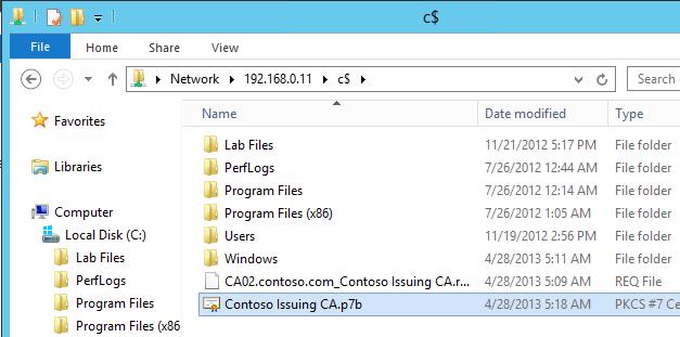 CA02.Contoso.com 에서, Contoso Issuing CA 인증서설치 1. CA02.CONTOSO.com 서버에도메인관리자계정 (CONTOSO\Administrator) 으로로그인합니다. 2. 앞서 Exercise 3의 Contoso Root CA (CA01) 에서, Contoso Issuing CA(CA02.CONTOSO.com) 의인증서요청생성및 Submit 단계의 9번째에서, Contoso Issuing CA의루트인증서파일이 C:\Contoso Issuing CA.