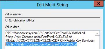 65:C:\Windows\system32\CertSrv\CertEnroll\%3%8%9.crl 6:http://pki.Contoso.com/CertEnroll/%3%8%9.