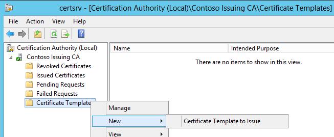 인증기관에인증서템플릿공개 1. CA02.CONTOSO.com 서버에도메인관리자계정 (CONTOSO\Administrator) 으로로그인합니다. 2. Server Manager 에서, Certificate Authority Manager MMC를수행하기위하여, Tools -> Certification Authority 를클릭합니다. 3.